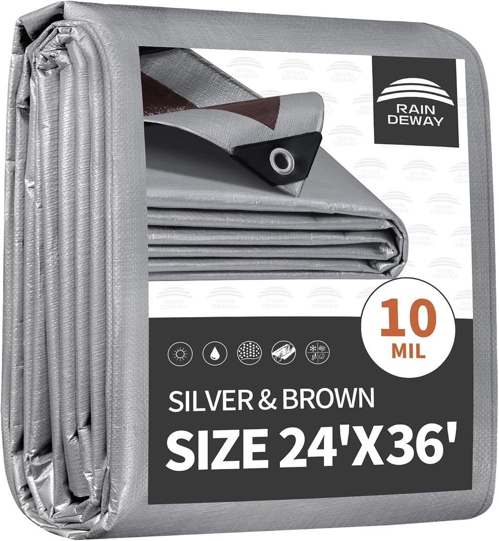 RAINDEWAY 24x36 Feet Tarps Heavy Duty Waterproof,10Mil Multipurpose Tarp, 24x36 Feet-Finished size