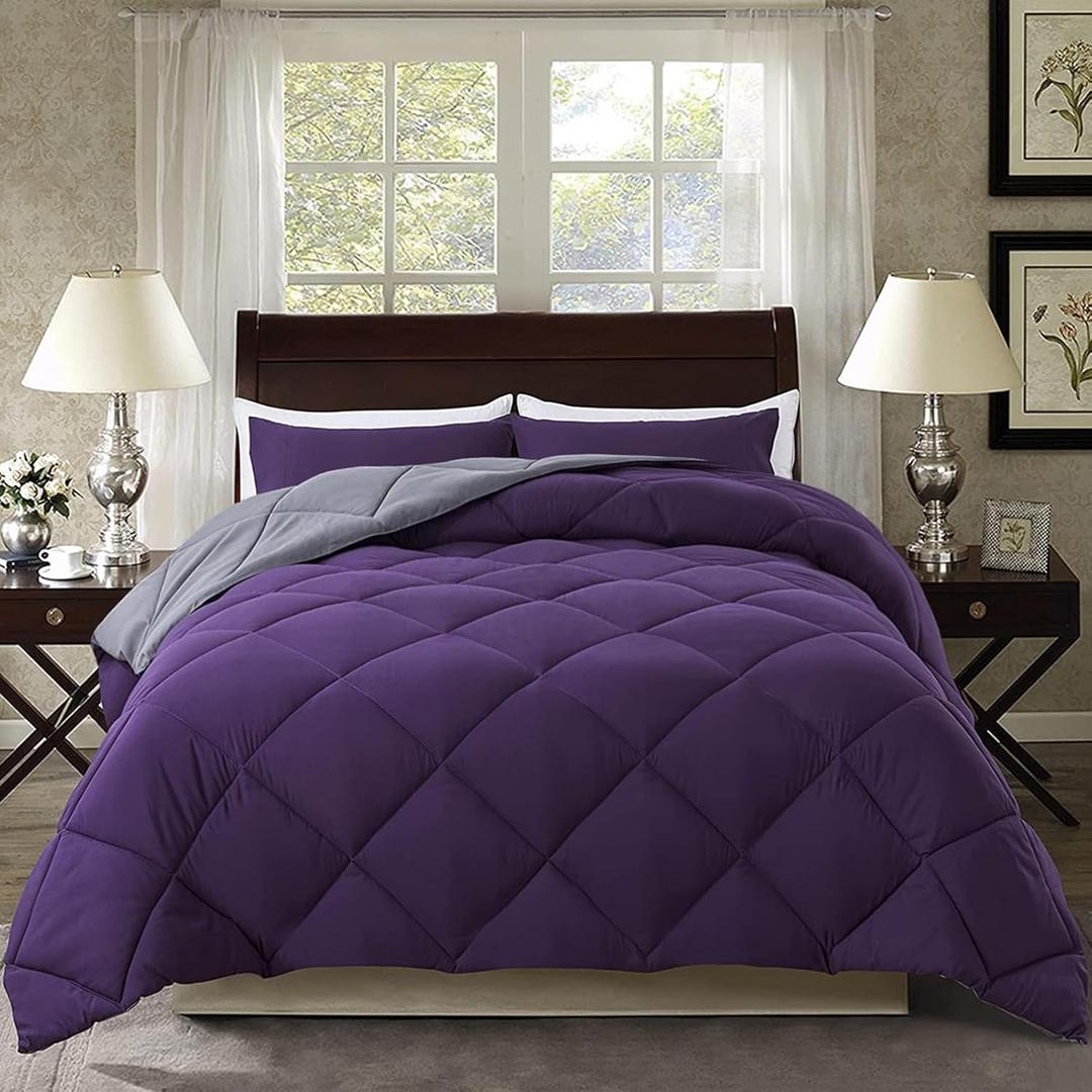 ELNIDO QUEEN 3 Pieces Comforter Set (King, Purple & Grey) - 1 Reversible Down Alternative Comforter with 2 Pillow Shams - Soft Lightweight Duvet Insert | 102x90 inch