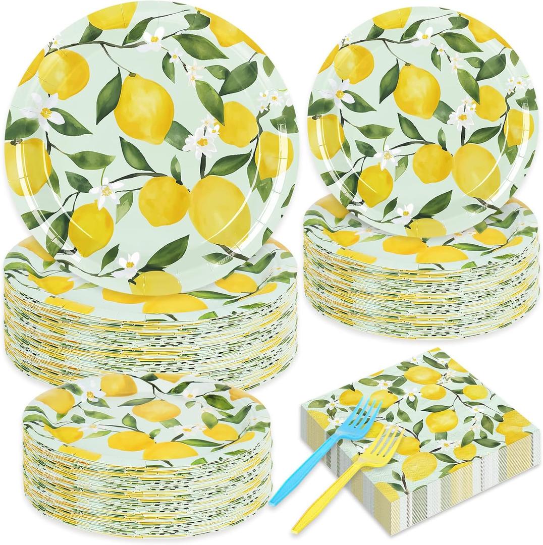 96 Pcs Lemon Party Decorations Summer Lemon Birthday Party Supplies Plates Napkins and Forks for Yellow Lemon Baby Shower Bridal Shower Serves 24