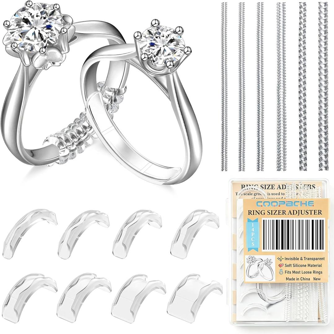 Ring Sizers for Loose Rings, 14 Pack Invisible Ring Size Adjuster Silicone, Ring Guards Spacer Tightener Resizer Fitter for Women Men, Make Ring Smaller Without Resizing Thick Band (Transparent-14PCS)