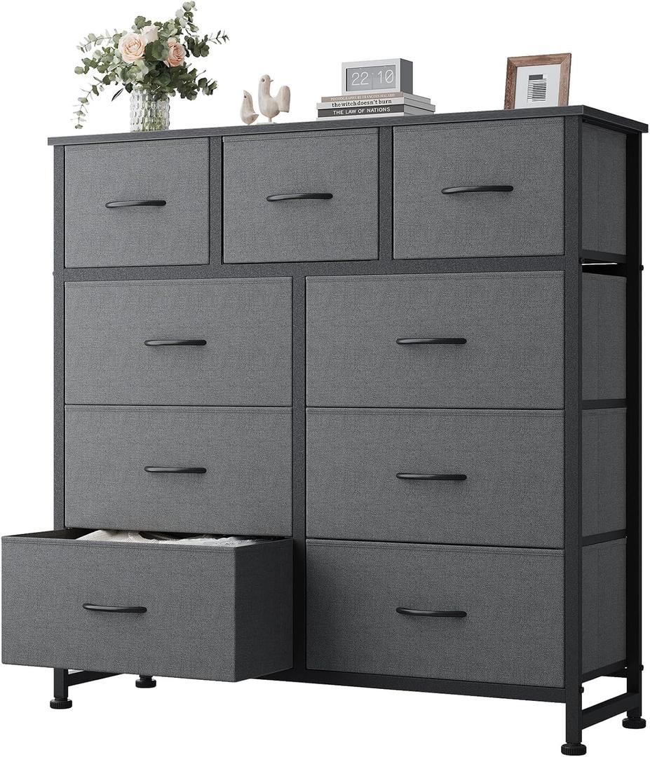 DUMOS Dresser for Bedroom, Dressers & Chests of Drawers Dresser Organizer, Wood Top Table Furniture with 9 Fabric Storage Tower Unit, Chest of Drawers for Closet, Living Room, Hallway, Porch (Grey)