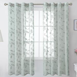BGment Sage Green Sheer Curtains 72 Inches Long - Embroidered Leaf Pattern Light Filtering Cottage Core Botanical Semi Sheer Grommet Window Drapes for Farmhouse Living Room, 2 Panels, 52 x 72 Inch