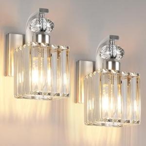 Vikdio Wall Sconces Set of 2, Nickel Wall Sconce with Crystal Lampshade, Modern Vanity Lights for Bathroom, Wall Lights for Living Room Bedroom, Includes 2 LED Bulbs