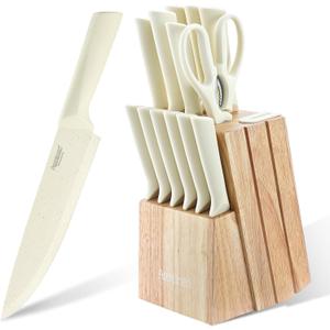 Stainless Steel Knife Set, Knife Block Sets with Built-in Sharpener,15-Piece Block Set with Block and Ergonomic Handles (Beige)