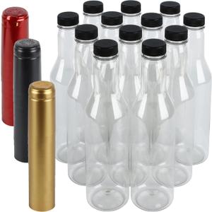 Pellah PET Plastic Bottles and caps,12 Oz 375 ml, With Screw Closures Lids And Black Heat Shrink Seals, For Hot Sauce Wine Alcohol Juice