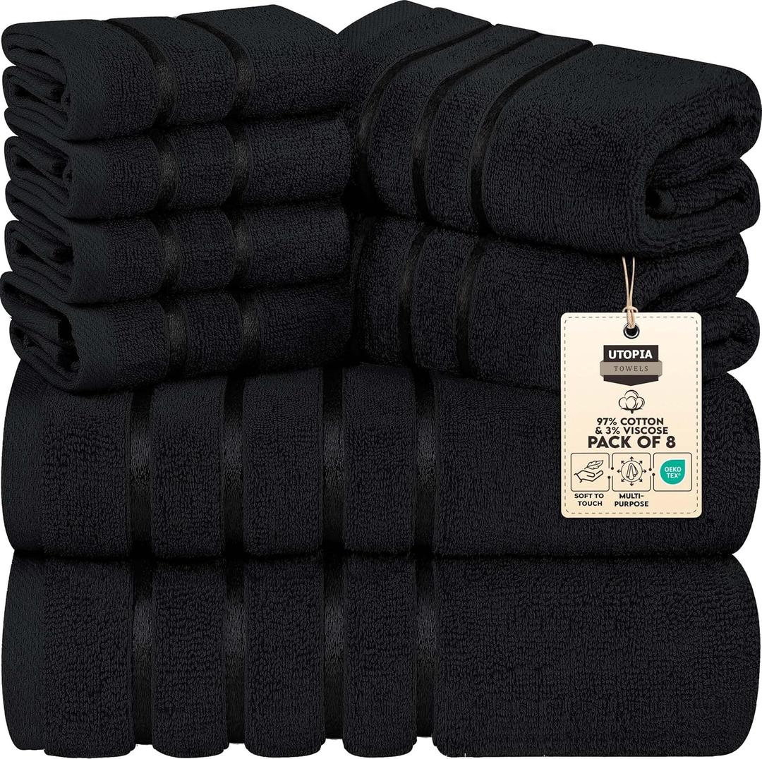 Utopia Towels 8 Piece Luxury Towel Set, 2 Bath, 2 Hand, and 4 Wash Cloths, 600 GSM Ring Spun Cotton, Highly Absorbent Viscose Stripe Towels, Ideal for Everyday use, Black