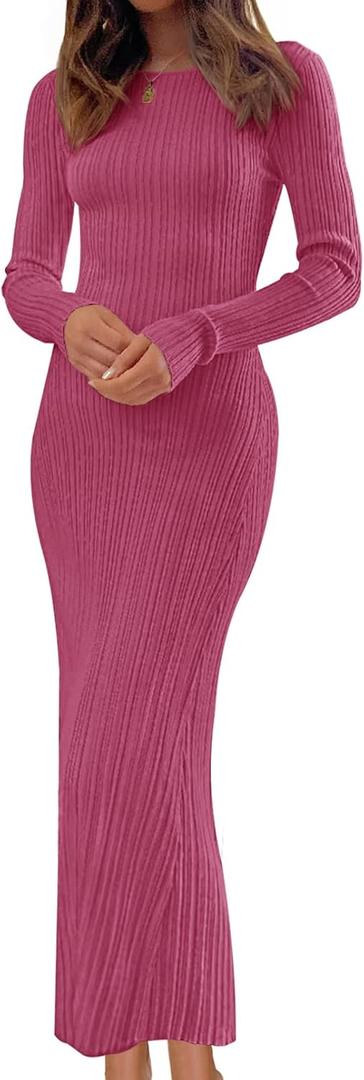 MEROKEETY Women's 2026 Long Sleeve Bodycon Sweater Dress Fall Winter Crew Neck Ribbed Knit Maxi Dresses (L, Rose)