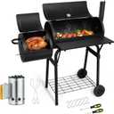 Barrel Charcoal Grill with offset Smoker(420.SQ.IN), Joyfair Large Outdoor BBQ Grills with Chimney Starter Set For Grilling, Smoking, Roasting, with Thermometer & Front Table, 6 S-Hooks & Clamp