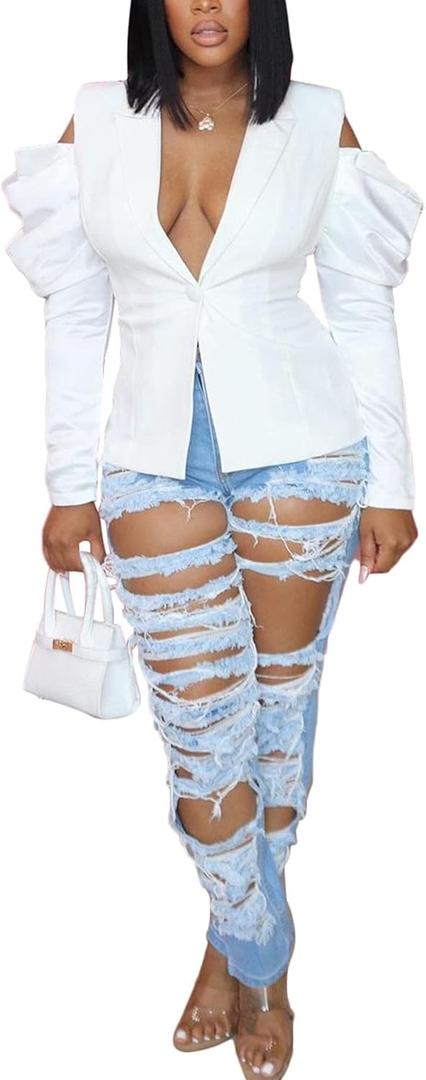 DINGANG Women's Casual Blazers Open Front Puff Sleeve Work Office Jackets Blazer (White) S