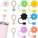 7pcs Cute Flower Straw Covers for Stanley Cup, Girly Straw Toppers with 3 Floral Charms, Dust-Proof 10mm Lids for 30oz & 40oz Tumblers
