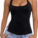 Milumia Women's Scoop Neck Low Cut Ruched Backless Halter Top Y2K Side Slit Fitted Sleeveless Tank Tops (Black, S)