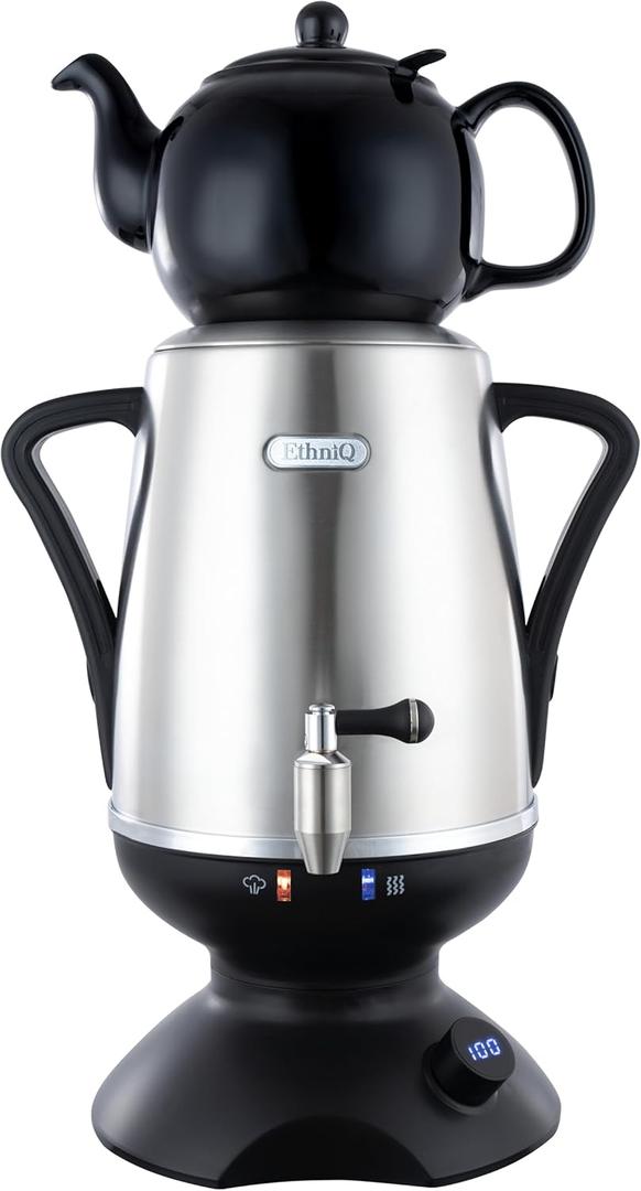 ETHNIQ - Electric Samovar | 4L Stainless Steel Tea Maker | Adjustable Temperature Controller | Boil Dry & Auto Shot-off | 1.2L Porcelain Teapot | Turkish, Persian, Russian Tea Kettle  Black