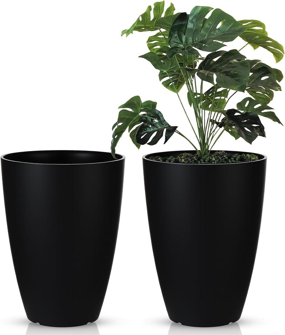 2 Pack 14 Inch Tall Planters for Outdoor Indoor Plants, Black Round Resin Plant Flower Pots with Drainage Hole for Front Porch Patio Garden Deck Living Room Decor, 14 x 10 x 6 inches