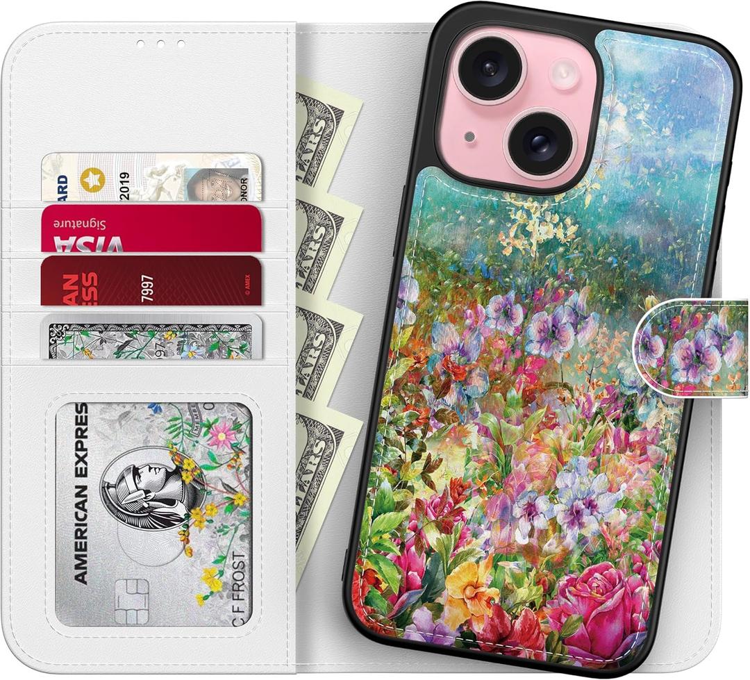 for iPhone 14 Plus Wallet Case,Detachable Flip Folio Cover RFID Blocking 4 Card Slots Holder Premium PU Leather Magnetic Kickstand Protective Phone Case 6.7" Nice Flower Garden