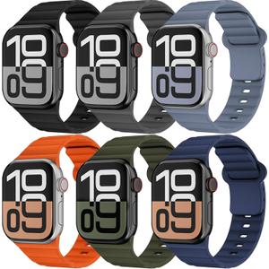 6 Pack Sport Bands for Apple Watch Band 40mm 41mm 42mm 38mm 44mm 45mm 46mm iWatch bands for Women Men,Waterproof Silicone Strap Wristband for Apple Watch Series 11 10 9 8 7 6 5 4 3 SE/Ultra 49mm 3/2nd (01-Black/Dark Grey/Blue Grey/Orange/Army Green/Navy Blue)