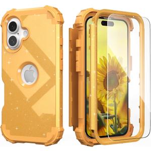 IDweel for iPhone 16 Plus Case with Screen Protector, Luxury 3 in 1 Shockproof Slim Fit Hybrid Heavy Duty Hard PC Cover Soft Silicone Bumper Full Body Anti-Fingerprint Case, Glitter Sundial Golden