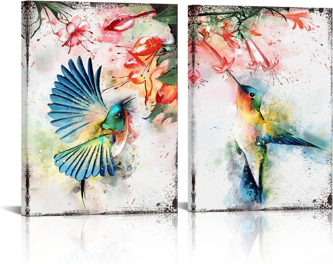 HOMEOART Hummingbirds Wall Art Bird with Flower Picture Canvas Print Framed Artwork Ready to Hang 12x16inchx2 Panels