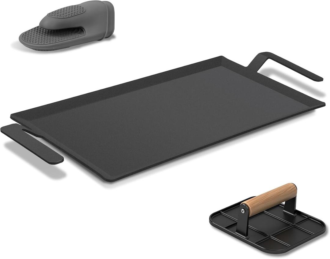 Carbon Steel Griddle Comes with Grill Press, Double Burner Griddle for Gas Stove, Electric Range, Outdoor Gas Grill, Induction, and Oven, Pre-seasoned Nitride Coating Compatible with Made in