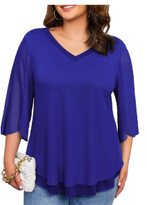 Plus Size Blouses for Women Ruffle 3/4 Sleeve Tops V Neck Casual Elegant Womens Tunic Top Mesh Loose Shirts, Size XL