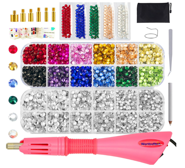 Worthofbest Bedazzler Kit with Rhinestones Hotfix Applicator Tool with 3400 Pcs Hot Fix Rhinestones for Bedazzling, Clothes, Clothing, Fabric, Hotfix Bedazzle Crystals Gems Pen and Iron on Diamonds