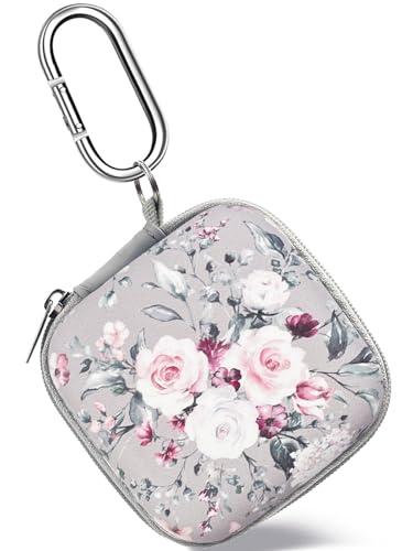 Square Earbud Case Headphone Organizer Ear Bud Case Portable EVA Carrying Box Storage Bag with Carabiner for AirPods Beats Bose Galaxy Buds 3 Data Cable Storage (Pink Rose)