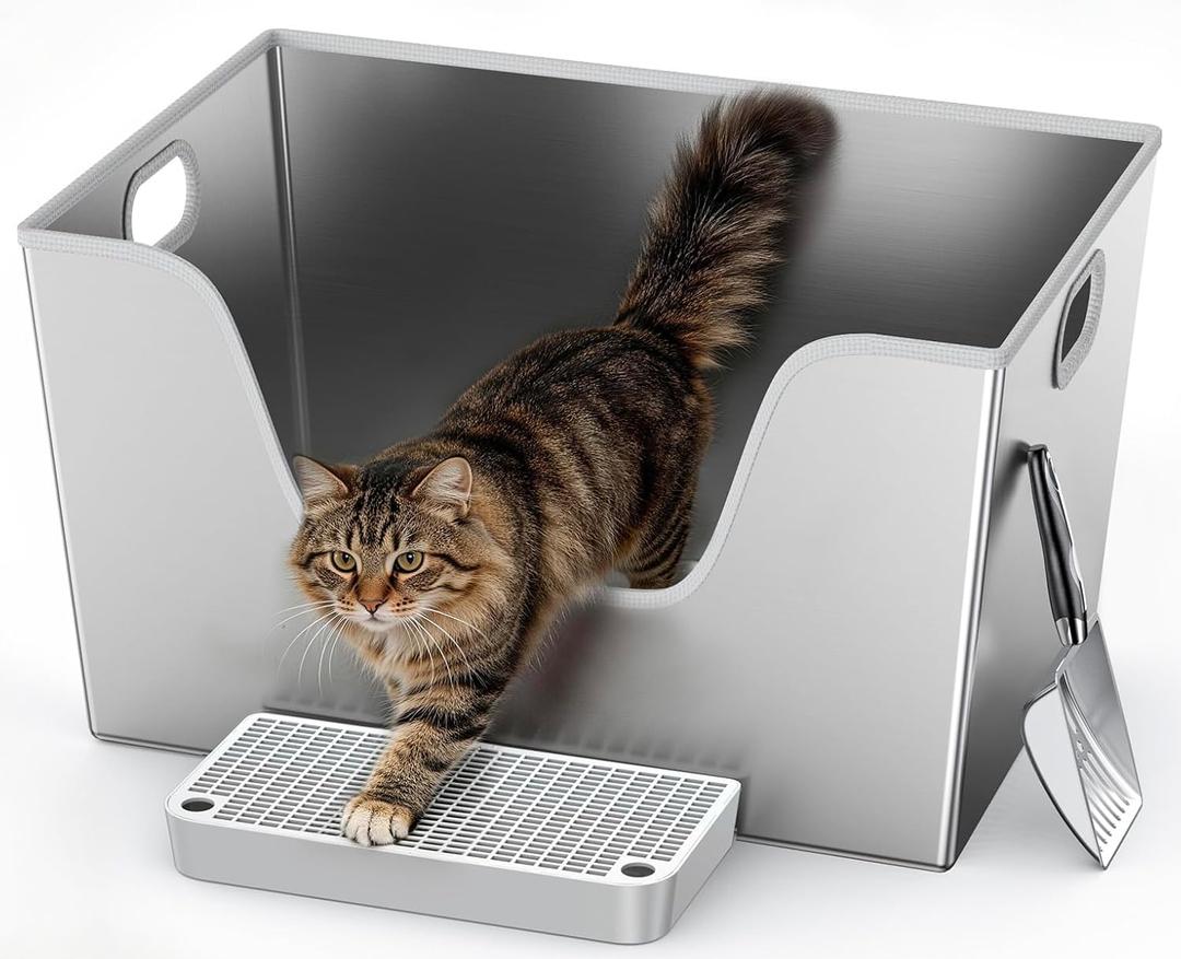 40L XXL Stainless Steel Cat Litter Box with High Sides,XXXL Metal Maine Coon Litter Box with Tall Walls for Big & Multiple Cats,One-Piece Deep Litter Box with Low Entry,Anti-Leakage,Non-Sticky