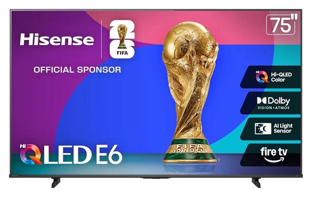 Hisense 75" E6 Cinema Series Hi-QLED 4K UHD Smart Fire TV (75E6QF, 2025 Model) - AI Light Sensor, Dolby Vision · Atmos, Voice Remote with Alexa, Motion Rate 120, HDR 10+ Adaptive, Game Mode Plus