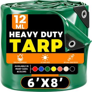 6x8 FT Heavy Duty Polyethylene Tarp 12 Mil Waterproof, Reinforced Corners & Rust-Proof Grommets, Multipurpose Outdoor Cover for Truck/Wood/Equipment