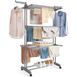 SONGMICS Clothes Drying Rack Stand 4-Tier, Foldable Laundry Drying Rack 68.1-Inch Tall, Steel, Rolling Clothes Horses Dryer Rack, Easy to Assemble, Indoor Outdoor Use, Dove Gray ULLR701G01, 25"d X 50.4"w X 68.1"h