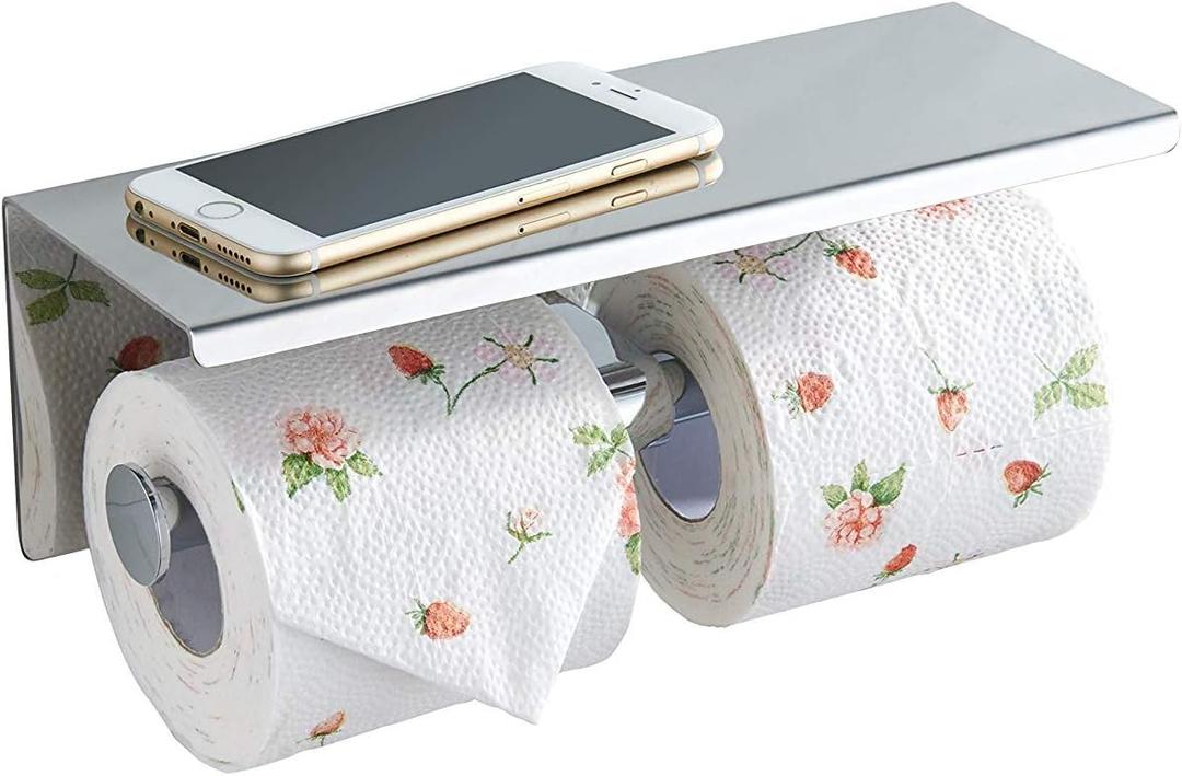 BGL Toilet Paper Holder - Stainless Steel Toilet Paper Roll Holder with Shelf Wall Mounted for Bathroom (Silver, Double Head) (Chrome)