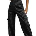 Lepunuo Women's High Waisted Cargo Pants Travel Y2K Streetwear Baggy Stretchy Pants with 6 Pockets Drawstring Ankle Cuffs (Black, M)