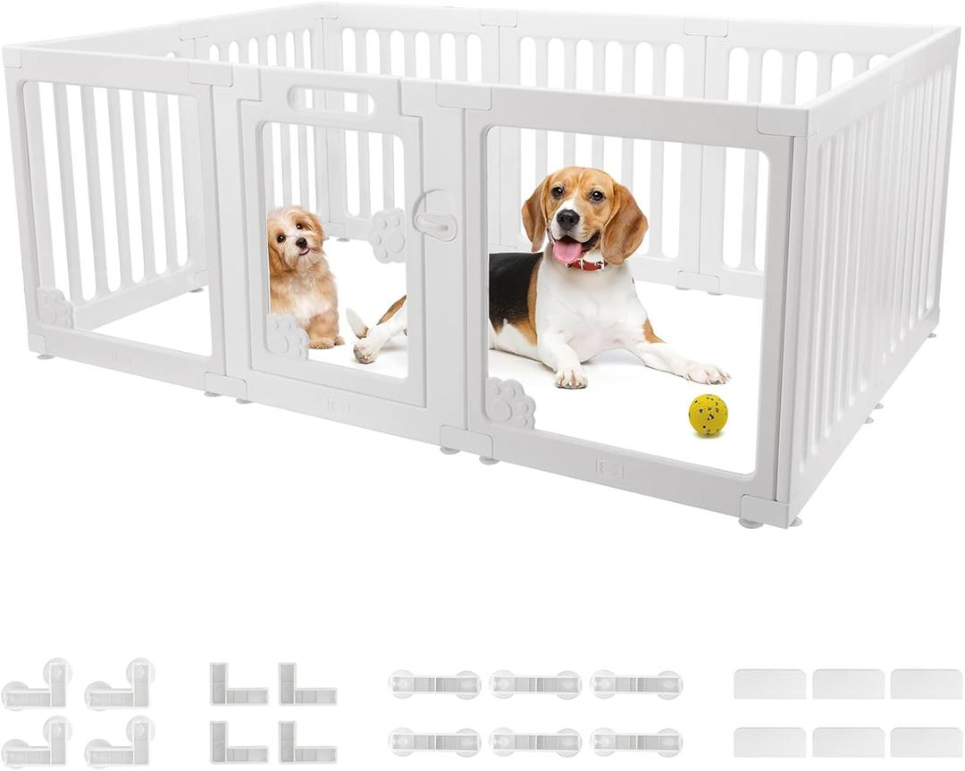 Dog Playpen Fence Clear Acrylic Pet Puppy Foldable Kennel for Small Dogs Plastic Puppy Enclosure for Cat Rabbit Indoor Whelping Box for Dogs with Gate (7 HDPE Panels+3 Transparent Panels)