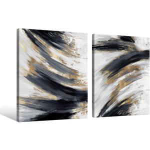 Chadow Artwork 2 pieces Black and Gold Abstract Wall Art 2 Pack Black and White Canvas Wall Decor Modern Framed Artwork for Living Room Bedroom Office Dcor Ready to Hang 12"x16"(30cmx40cm)