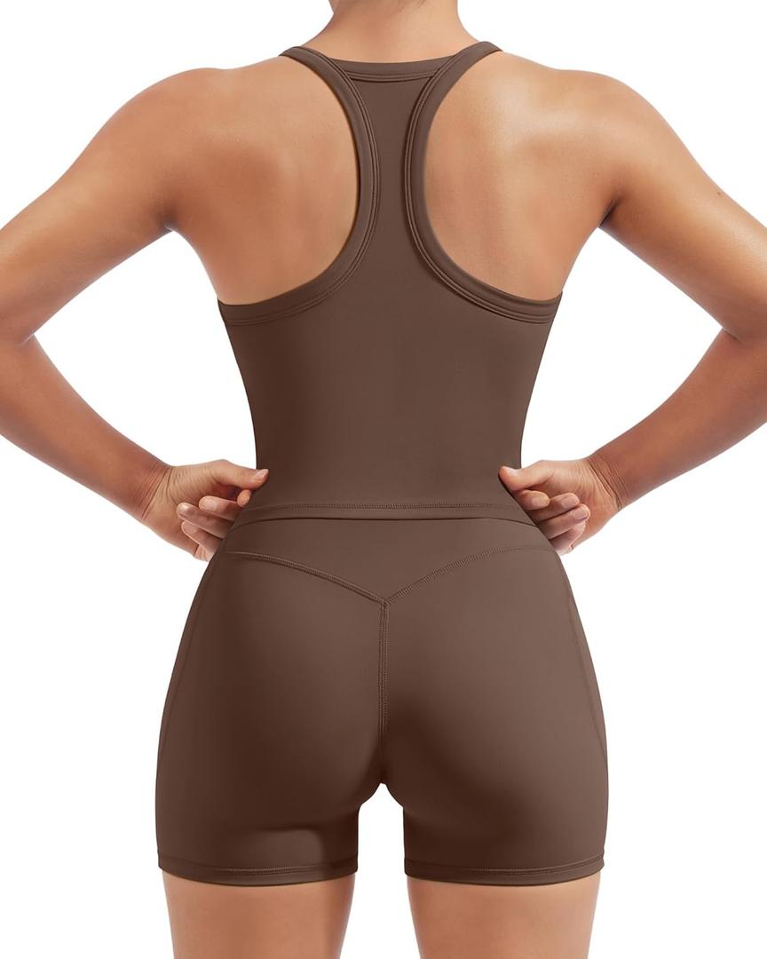 SUUKSESS Women 2 Piece Workout Sets High Waisted Biker Shorts with Pockets Built in bra Racerback Tank Tops (Medium, Brown)