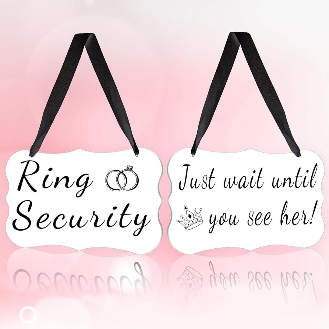 2 Set Ring Security Sign, Ring Bearer Sign & Acrylic Wedding Sign - Wedding Decor Hanging Signs With Ribbon - for Rustic Wedding Ceremonies and Receptions (9.8 * 5.9in)