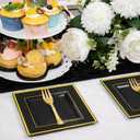 WDF 200PCS Black and Gold Plastic Dessert Plates with Plastic Forks -6 100 Square Disposable Appetizer Plates Small Plate Cake Plate with Gold Rim for Wedding/Party/Birthday/Graduation