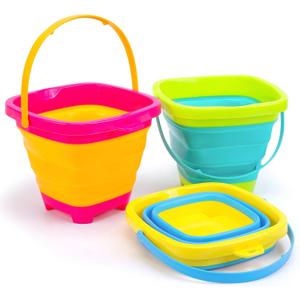 Shindel 3Packs Foldable Pail Bucket, 2L Silicone Collapsible Beach Toys Bucket for Kids, Multi Purpose for Fun Summer Activities, Camping Gear, Beach Essentials
