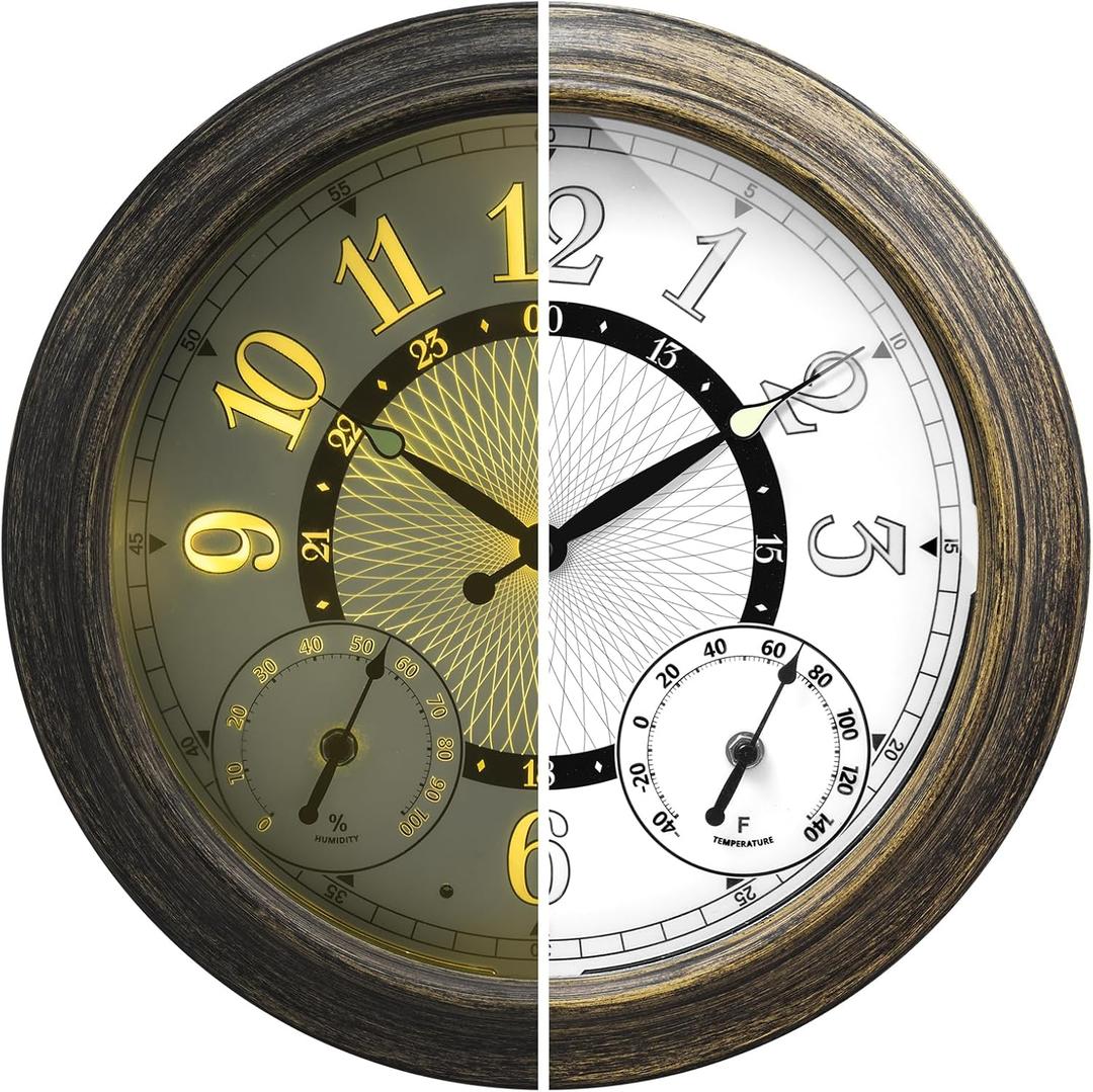 Illuminated Large Metal Outdoor Clocks Waterproof 18 Inches With AI Auto Light Smart Sensor,Extra Big Indoor Outdoor Wall Clocks With Thermometer & Hygrometer for Patio, Pool, Garden,Porch (Grey Oak)
