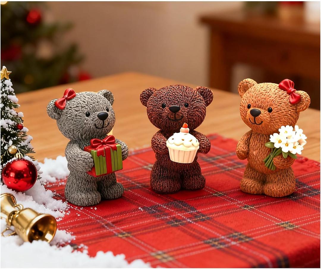 MeritMode Cute Teddy Bear Figurines Set of 3 Resin Bear Statues with Cupcake, Gift Box and Flowers, Mini Animal Figurines for Shelf, Desk, Kids Room Decor, Birthday, 2.3H