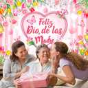 Feliz Dia De Las Madres Backdrop Happy Mother's Day Pink Tulip Photo Background Flowers Heart Pink White Stripe Spanish Feliz Dia Mama Girl Woman Birthday Party Decor Banner Photo Props (8x6FT)