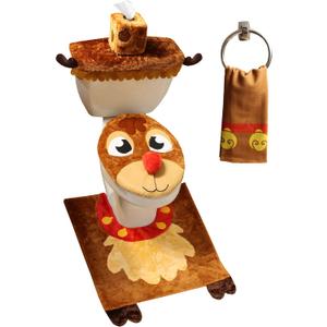 JOYIN 5 Pieces Christmas Theme Bathroom Decoration Set w/Toilet Seat Cover, Rugs, Tank Cover, Toilet Paper Box Cover and Santa Towel for Xmas Indoor Decor, Party Favors (Reindeer)