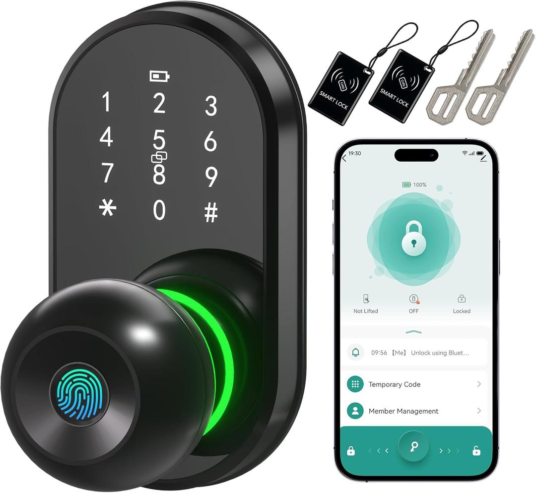 Smart Door Lock Keyless Entry Door Lock with Knob, Keypad Fingerprint Door Lock with Handle, Electronic Digital Code for Front Door, App Remote Control, Easy Installation