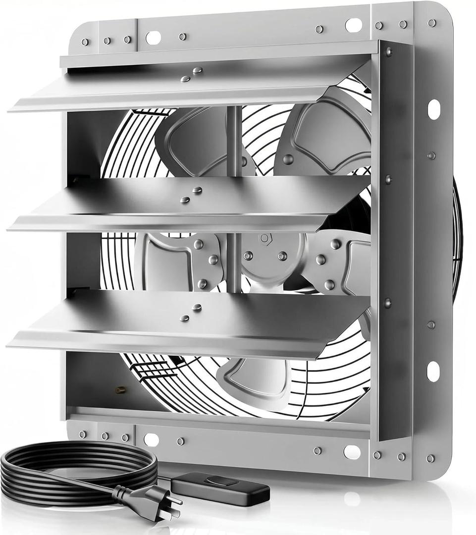 14 Inch Shutter Exhaust Fan, 5-Blade 3500 CFM Wall Vent Fan with Ball Bearing Motor, Automatic Shutter, Built-in Switch for Garage Workshop Barn Ventilation