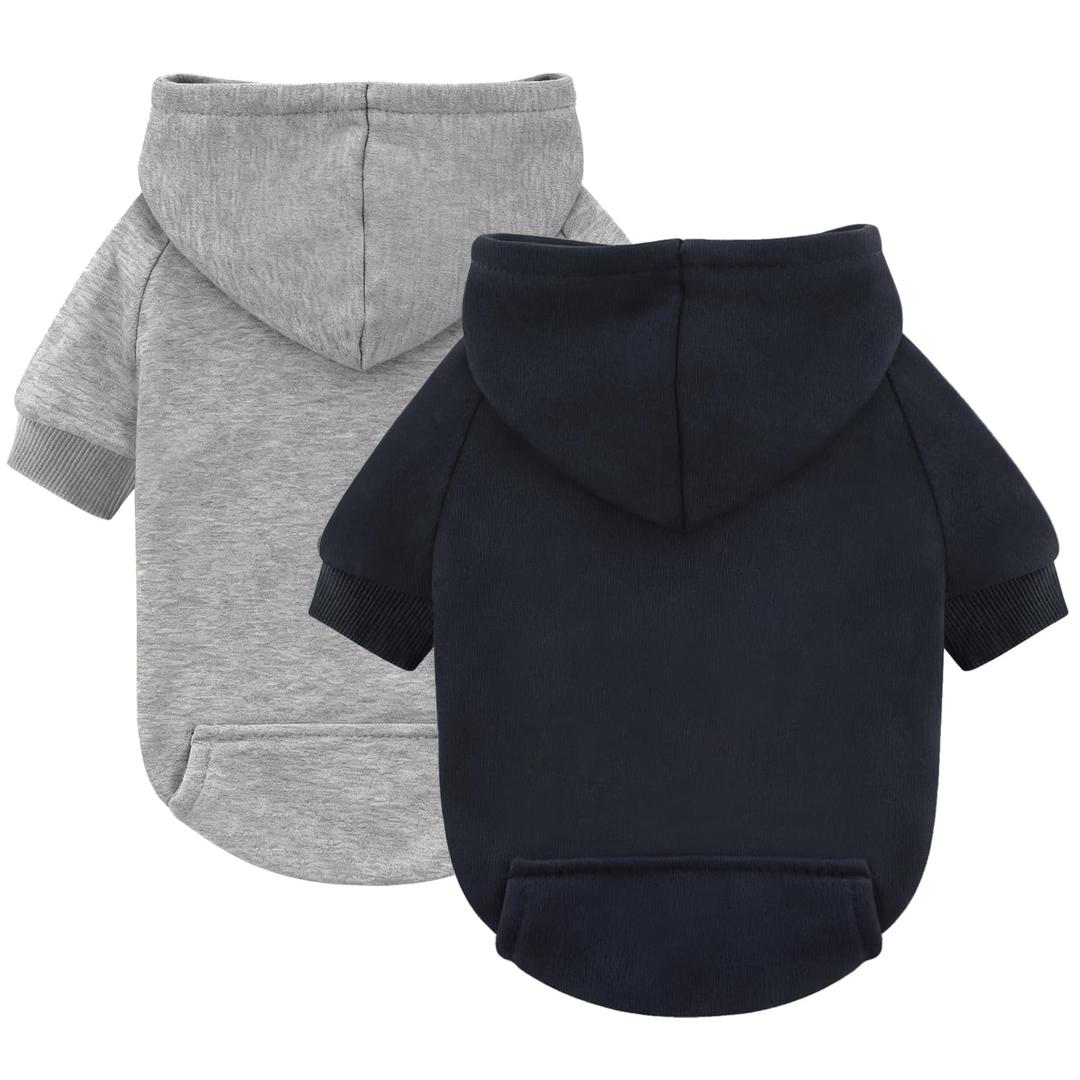 Idepet Pet Dog Hoodies 2 Pack with Pocket, Dog Outfits for Small Pets Chihuahua Clothes Warm Coat Jacket Autumn Puppy Sweatshirt Cats Clothing, S