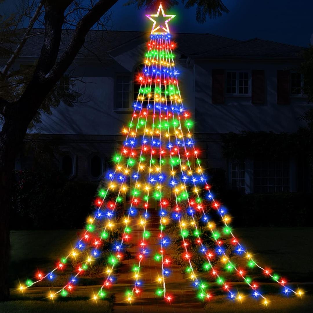 Christmas Decorations Star String Lights, 320 LEDs Outdoor Waterfall Tree Lights with 13" Topper Star, Plug in Waterproof Hanging Fairy Lights for Xmas New Year Holiday Party Yard Patio Decor