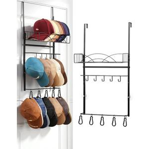 Metal Over Door Hat Rack for Baseball Caps- 3 Tier Wall Mounted Hat Rack with a Metal Basket, 5 Hooks and 5 Movable Hooks Design, Holds up to 40 Caps for Door, Bedroom & Closet
