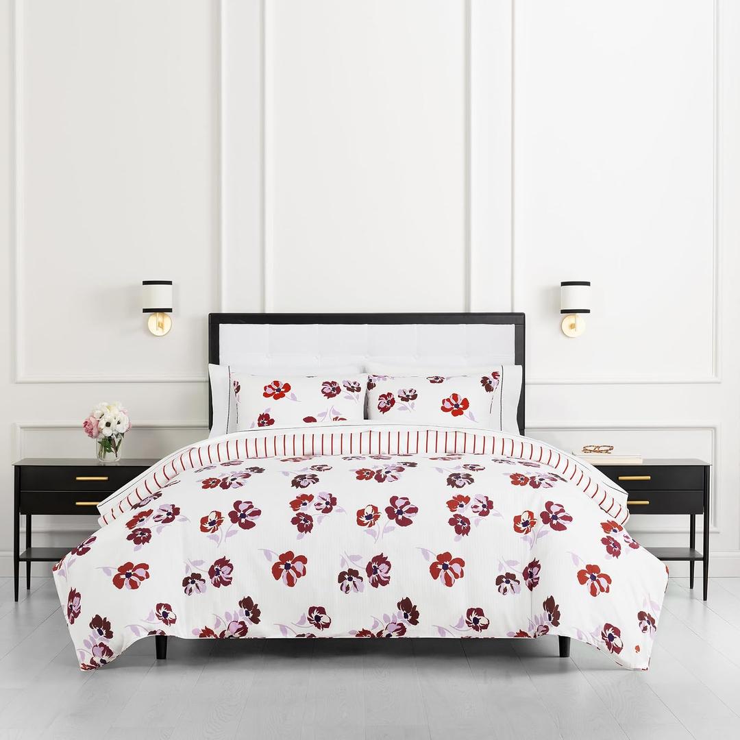 kate spade new york Fall Poppies King Comforter Set, 300 Thread Count and 100% Cotton, All Season 3 Piece Reversible Bedding Set, Machine Washable, White and Garnet