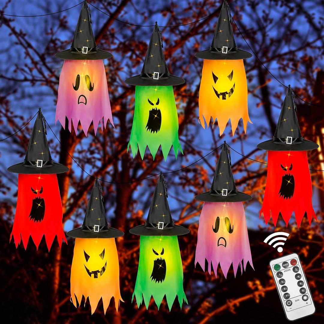Twinkle Star Halloween 8 Pcs Lighted Hanging Witch Ghost Hats Decorations, Halloween Indoor Outdoor Remote Control String Lights 8 Lighting Modes, Glowing Witch Hat for Garden, Yard, Tree