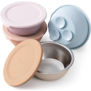 Moonkie Baby Bowls with Suction, Stainless Steel & Silicone Toddler Bowls with Lids, Seamless One-Piece Design Silicone Bowls for Babies 4 Months+, 13oz, BPA-Free, Lead-Free, Dishwasher Safe, 4 Pack