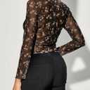 Women's Sheer Floral Long Sleeve Layering Top Ruffled Mock Neck Sheer Blouse for Casual Brunch Party Club Night Date Outfits (Medium, A Chocolate Brown)